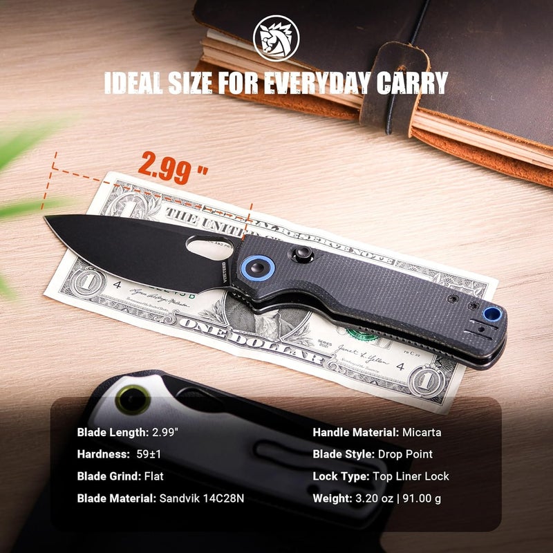 Vosteed Porcupine EDC Folding Knife, 2.99’’ 14C28N Steel Big Belly Blade, Top Liner Lock Micarta Handle - Lightweight Pocket knives for Men & Women Camping Hiking - A2601 - Image 2